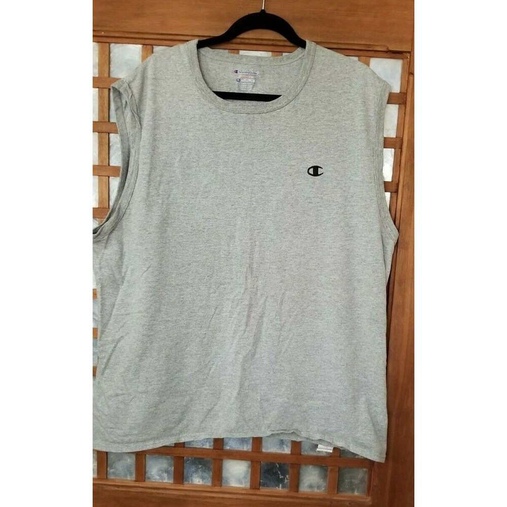 Men's Champion Tee Shirt Workout Casual LOGO Classic Gray Sleeveless Size 2XL